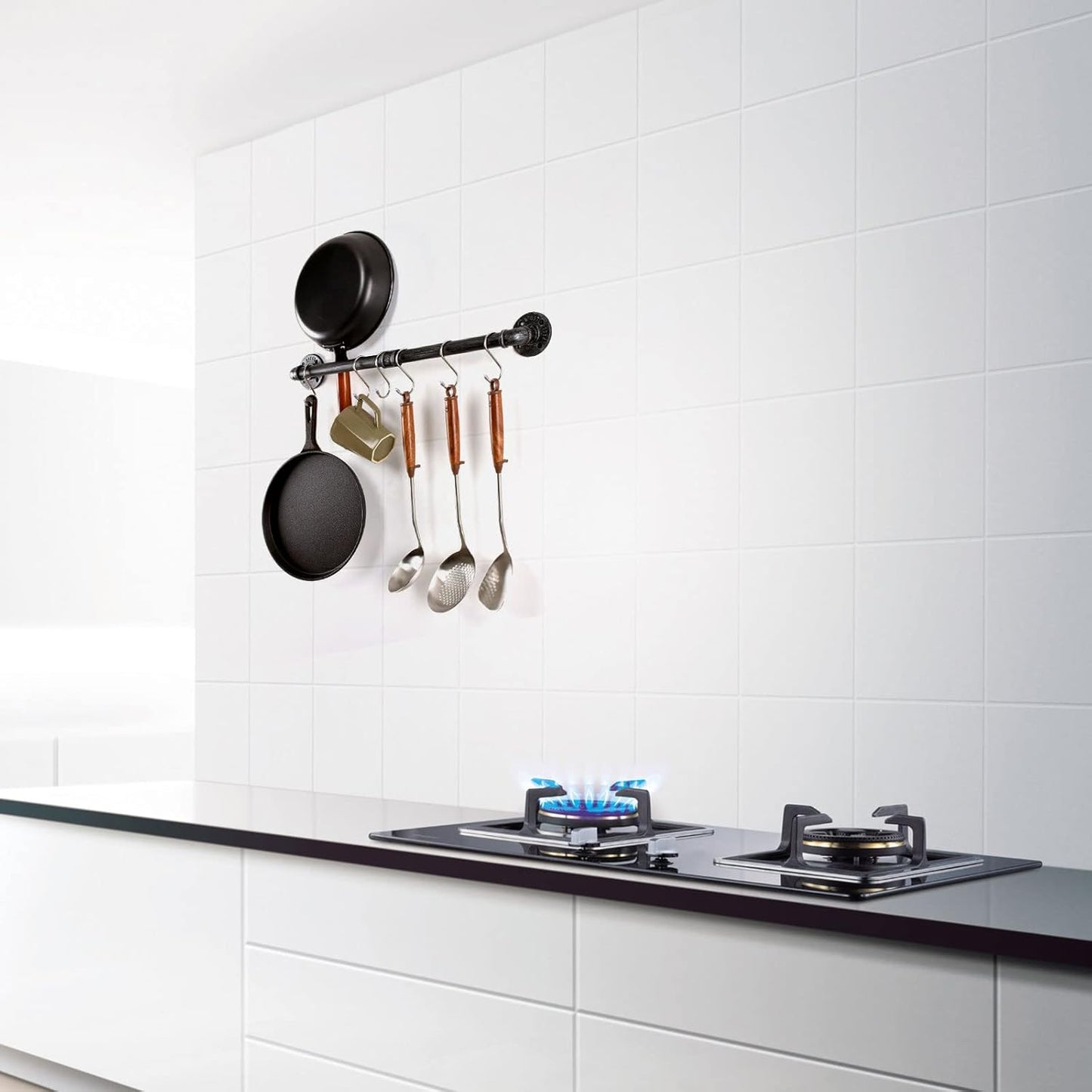 Pipe Pot Pan Rack Wall Mounted Kitchen Organizer with S Hooks, Industrial Cookware Hanger Bar Rail (24 inch, Black Gray)