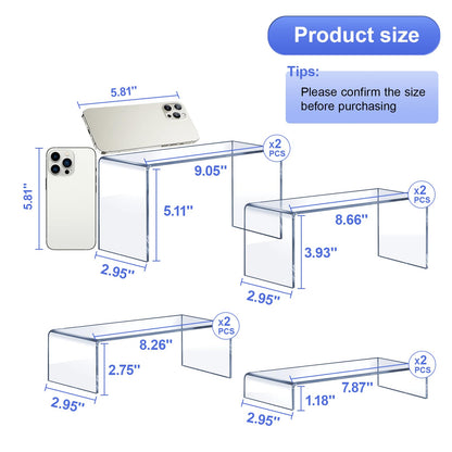 OVNTHYK Acrylic Risers 8 Pcs – Clear Rectangular Display for Perfume Organizer, Figures, Jewelry, Dessert Table & Cupcake, 4 Sizes (7", 8", 9")