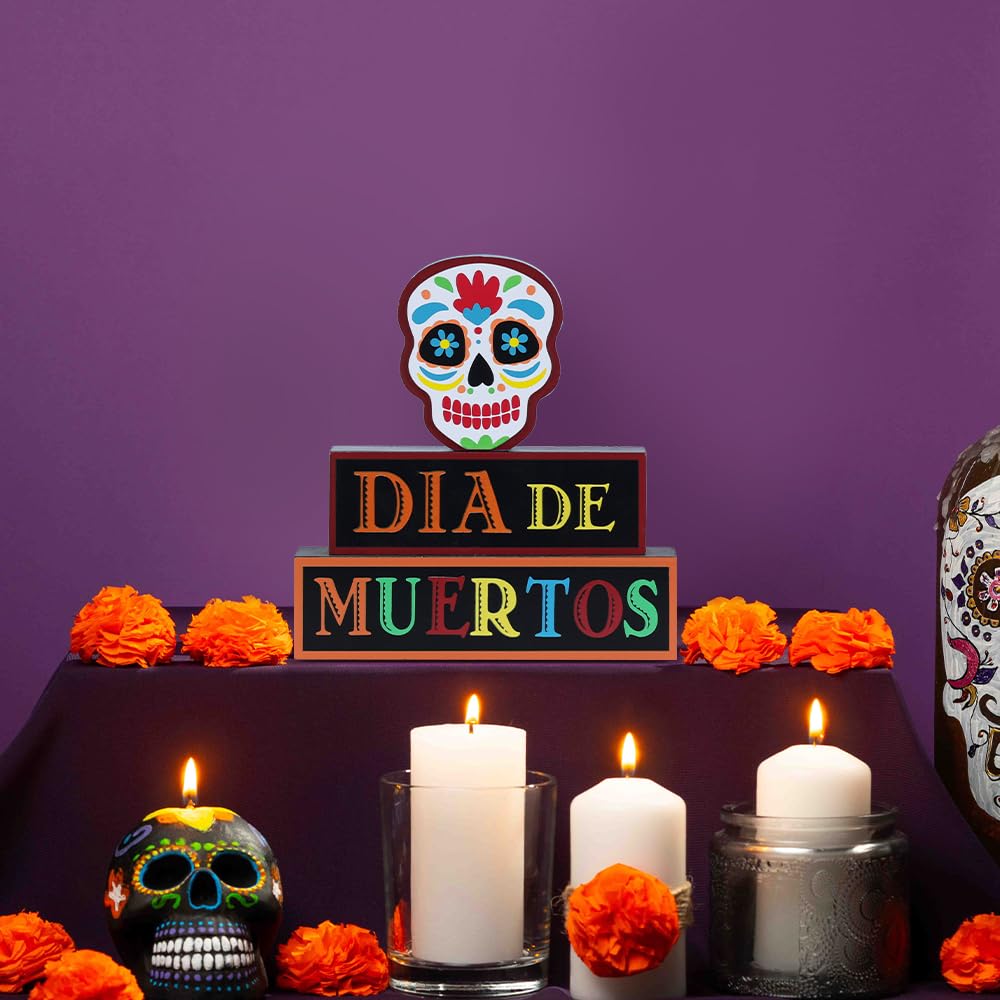 DECSPAS Day of the Dead Decorations, Wood Block Sugar Skull Dia De Los Muertos Decorations with DIA DE MUERTOS Sign, 3-Layered Wooden Skeleton Decor for Altar, Ofrenda, Home, Table, Mexican Fiesta