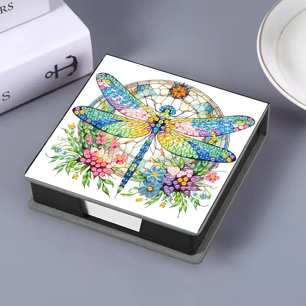 LAKEQUILL Diamond Art Painting Sticky Note Holder, Diamond Art Painting Wooden Memo Paper Storage Box, Notepad Holder with 160 Sticky Notes for Office Desk - Flower Dragonfly