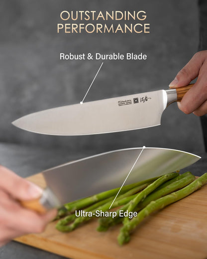 Mitsuharu 8 Inch Chef Knife, SHOMAN Series Meat Cutting Knife with Olive Wood Handle, German Steel Chef's Knife for Kitchen Cooking, Ultra Sharp Cutting Chopping Knife for Vegetable Fruit with Case