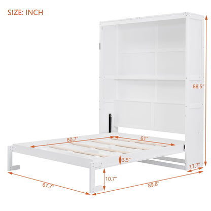 Jintop Queen Size Murphy Bed Wall Beds with Storage Shelves,Hide Away Bed Frame Easily Folds into Wood Cabinet,W/Mattress Holder,for Small Space,Guest Room,Apartment,White