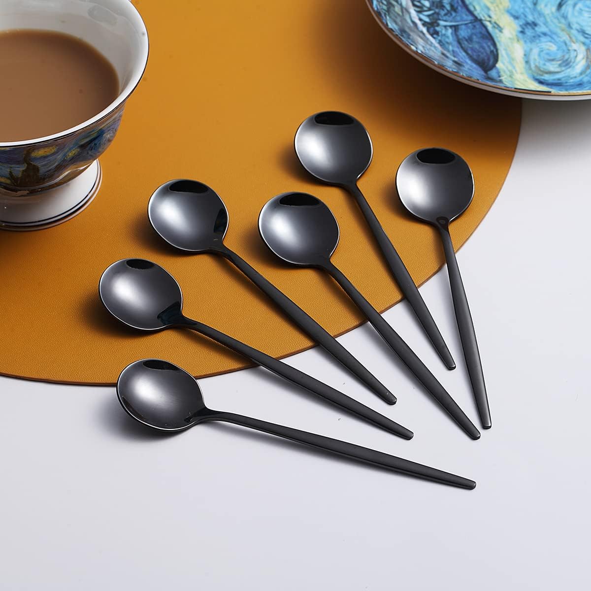 Black Coffee Spoons Set of 6, Kyraton Stainless Steel 5.1" Titanium Plating Demitasse Spoons, Dishwasher Safe