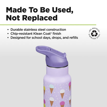 Klean Kanteen 12 oz Classic Kid's Insulated Water Bottle with Flip Seal Sport Cap - 100% Leakproof Cap - BPA-Free - Stainless Steel Material - Ice Cream