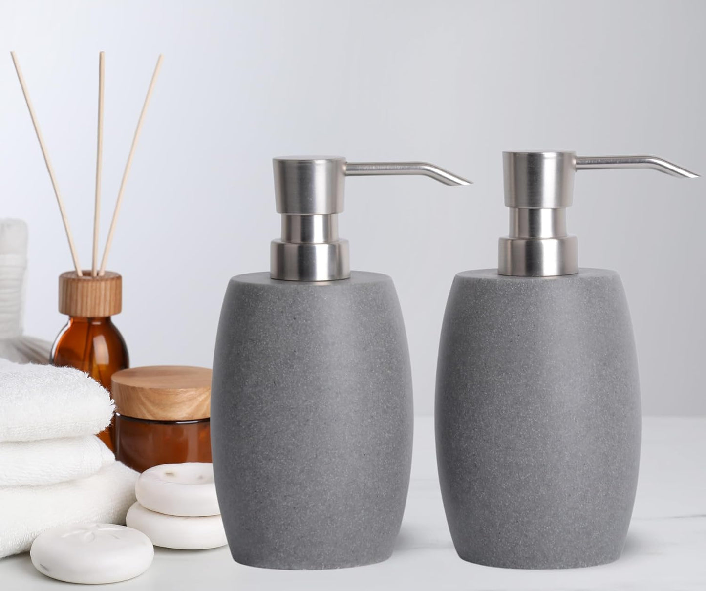 12 Oz, 2 Sets Clasin Home Sandstone Textured Resin Soap Dispenser with Metallic Pump and Waterproof Bottle Labels