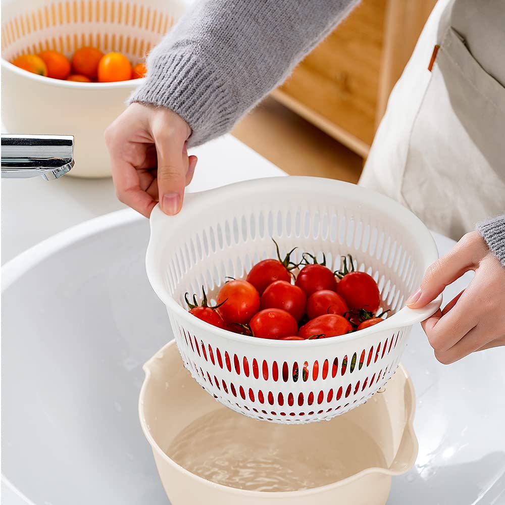 2 in 1 Kitchen Colander Set with Bowl Strainer (2 Sets 2.5 Qt),BPA Free Plastic Fruits and Vegetable Washing Basket,Dishwasher Friendly Double Layered Drain Basin,for Pasta Salad Berry Cleaning Mixing