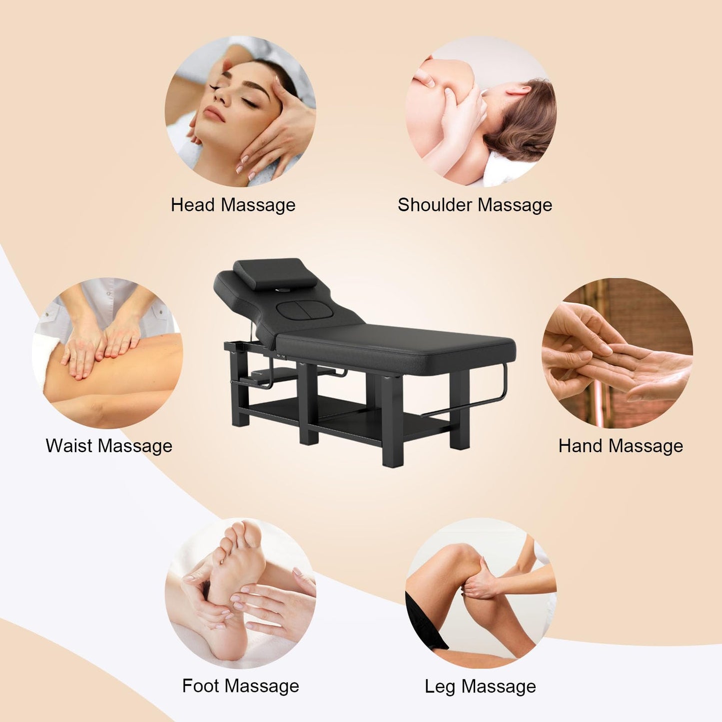 Heavy Duty Stationary Massage Table with Adjustable Backrest, Wide Spa Facial Bed with Metal Frame & PU Leather, Professional Massage Therapy Bed for Spa Salon Tattoo Physical Therapy Clinic (Black)