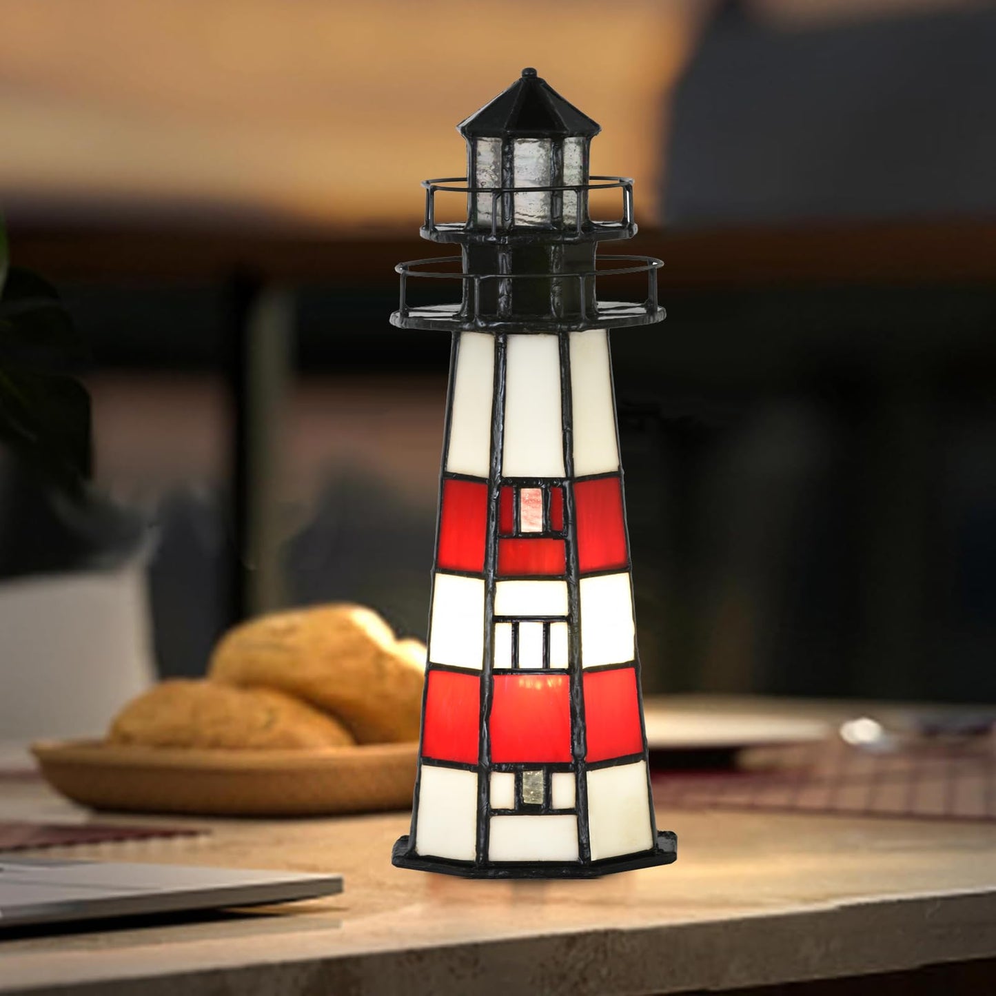 HomeBeauty A0016 Tiffany Lighthouse Lamp Stained Glass Accent Table lamp Night Light for Home Decoration, Bulb Included (RED)