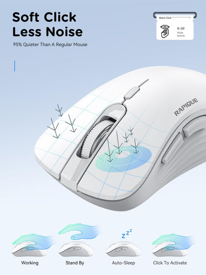 RAPIQUE Bluetooth Wireless Mouse - Dual Bluetooth & 2.4 GHz USB Receiver, Ergonomic Design, Quiet Clicks, Low Power - Multi-Device Compatibility for MacBook, Laptop, Computer, iPad Air/Pro (Pink)