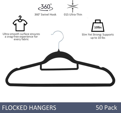 Skiennix Velvet Hangers - Premium Non-Slip Closet Organization | 50 Pack, Durable Black Felt for Coats & Shirts