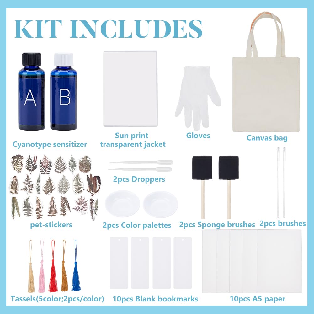 WEBEEDY DIY Cyanotype Kit with 30 Sheets Printing Paper,1 Blank Canvas Bag,10 Pcs Bookmarks for Adults Sun Print Nature Printing,Cyanotype Sensitizer Kit for Photographic Blueprints DIY Art Crafts