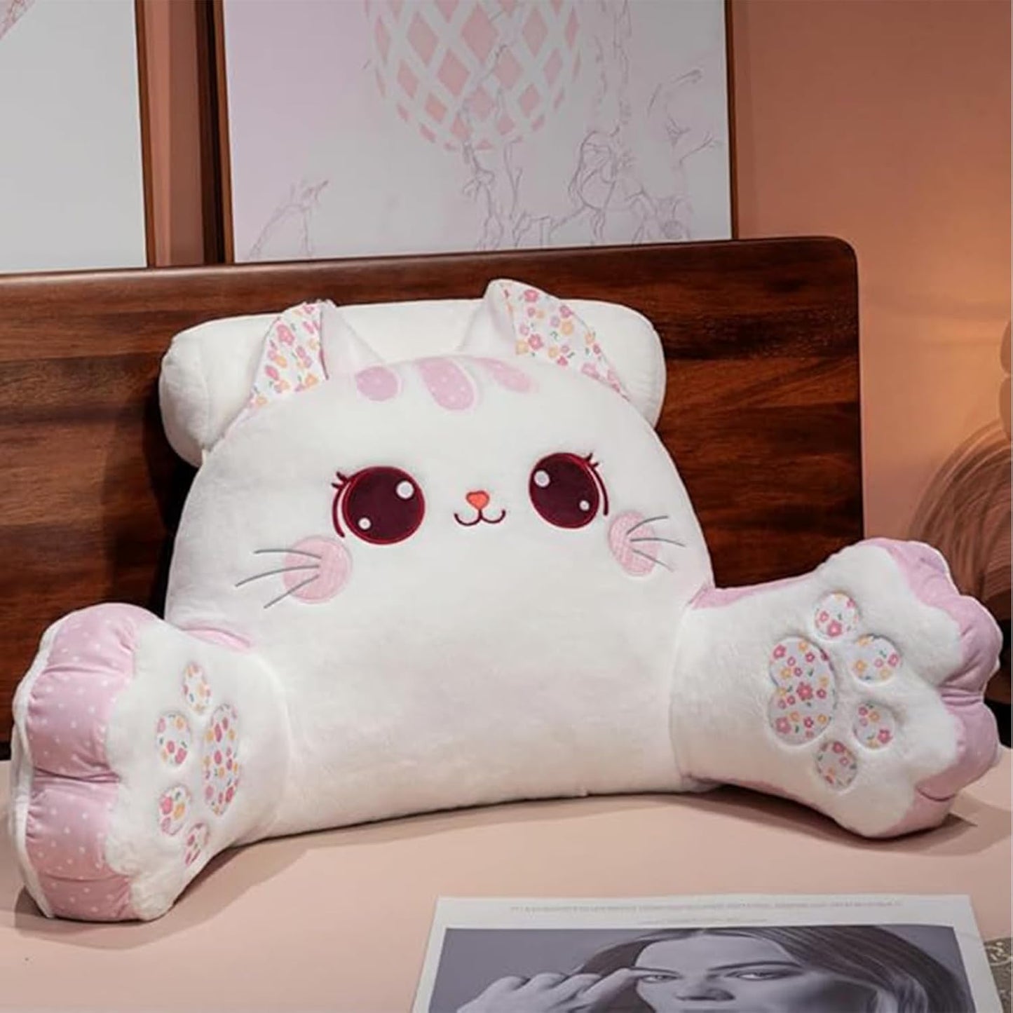 WQHSXXIA Cute Kitty Rest Reading Pillow for Adults, Kawaii Soft Lumbar Pillows Rest Cushion with Washable Cover