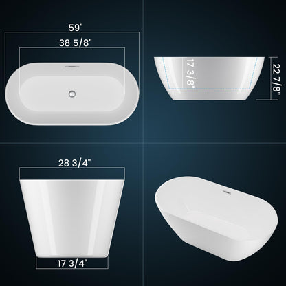 59'' Acrylic Free Standing Soaking Tub, Double-Walled Insulated Freestanding Bathtub with Ergonomic Deep Design, Glossy White, Matte Drain, Black Overflow, cUPC Certified Stand Alone Tub