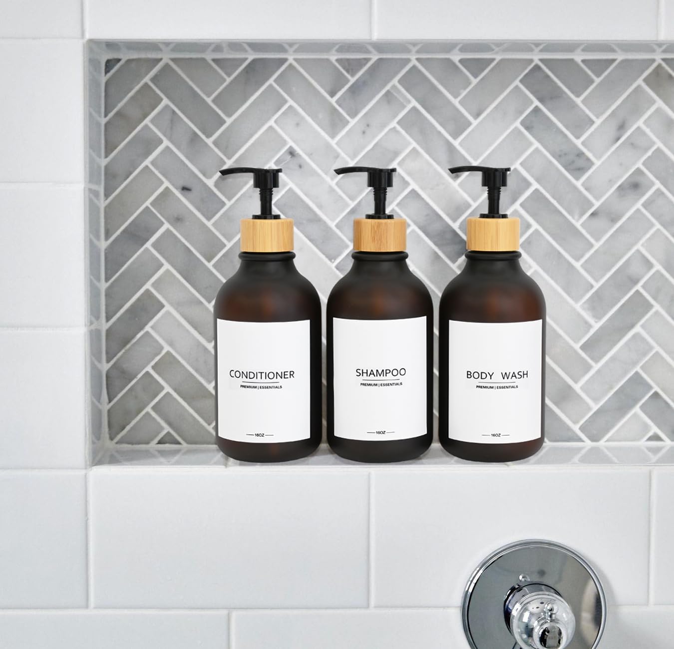 Frosted Plastic Shampoo and Conditioner Bottles, Apothecary Dispenser Bamboo Pump, Refillable Bottles for Shower Lotion, Oil, Hand Soap, Sanitizer, Liquid Soap, Set of 3 with 9 Labels (3, Matte Amber)