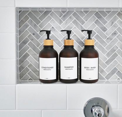 Frosted Plastic Shampoo and Conditioner Bottles, Apothecary Dispenser Bamboo Pump, Refillable Bottles for Shower Lotion, Oil, Hand Soap, Sanitizer, Liquid Soap, Set of 3 with 9 Labels (6, Matte Amber)