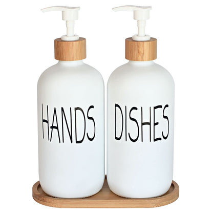 Glass Soap Dispenser Set - Hand Soap and Dish Soap Dispenser with Bamboo Tray. Vintage Soap Dispenser with Pump for KitchenKitchen Drain Outlet and Bathroom. Stylish Permanent Labels (Matte White)