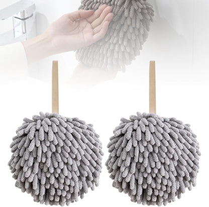 ROWPOZ 2PCS 6.7Inch Absorbent Hanging Hand Towel Ball for Kitchen & Bathroom, Chenille Plush Hand Towel Puff Ball Hand