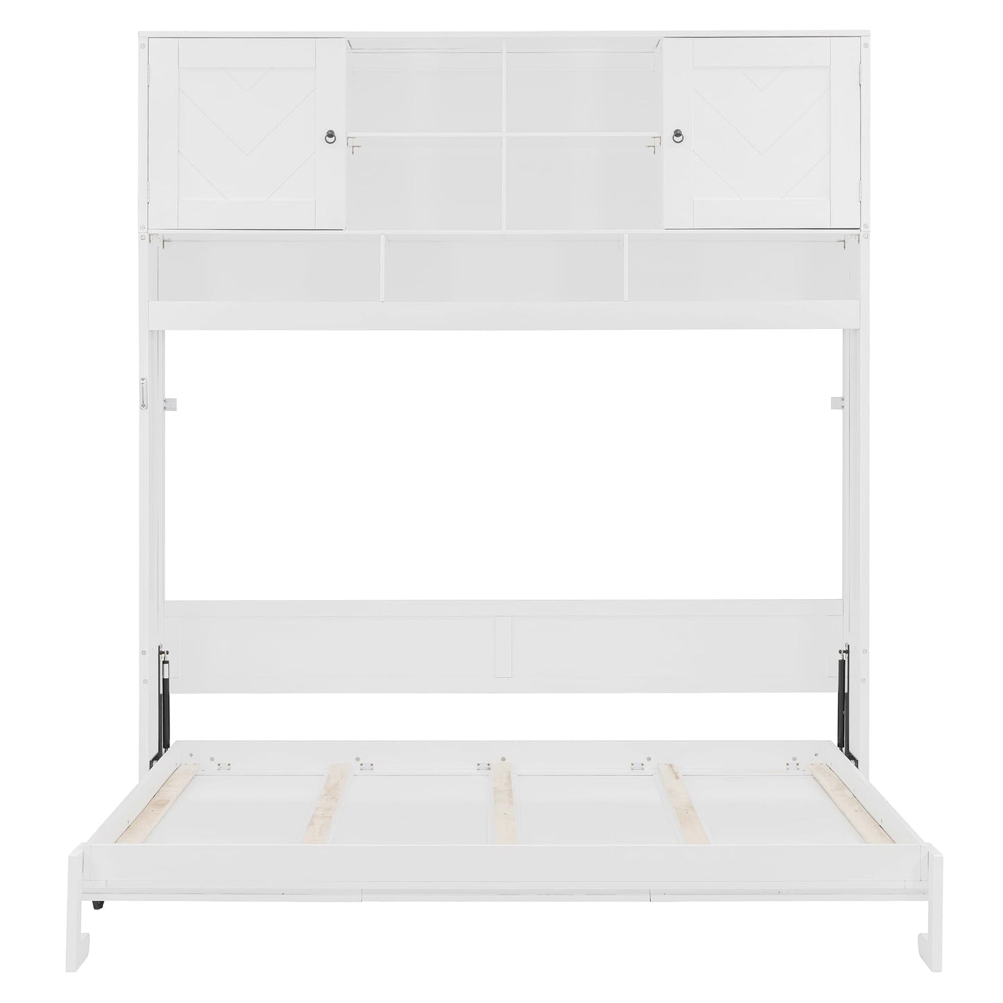 Merax Queen Size Murphy Bed Wall Bed with Top Storage Cabinets and Shelves, Fold into The Wall, Space-Saving Design, White Foldable Platform Bed Frame with Chevron Stripes, for Bedroom, Guest Room