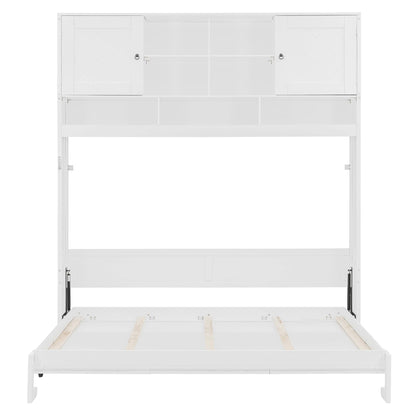 Merax Queen Size Murphy Bed Wall Bed with Top Storage Cabinets and Shelves, Fold into The Wall, Space-Saving Design, White Foldable Platform Bed Frame with Chevron Stripes, for Bedroom, Guest Room