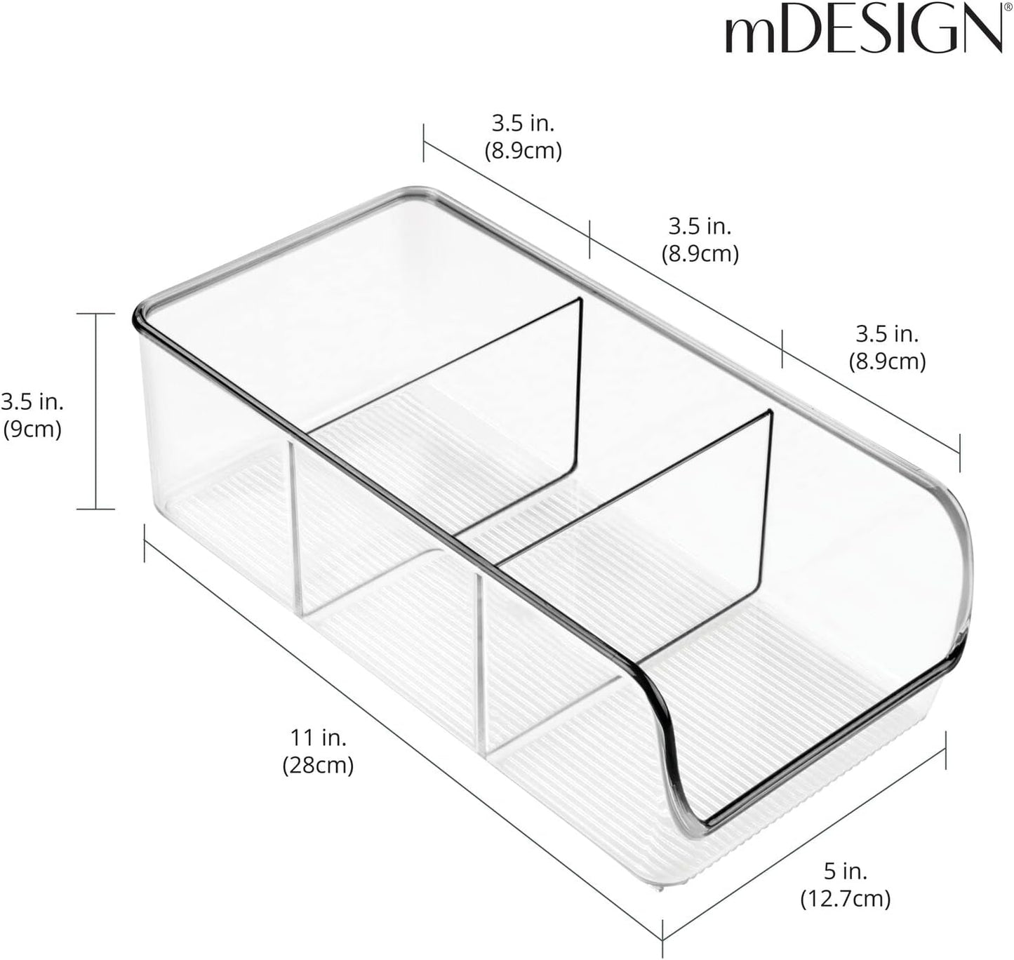 mDesign 4 Pack Plastic Food Storage Bin Organizer with 3 Compartments for Kitchen, Pantry, Shelf, Drawer, Fridge,