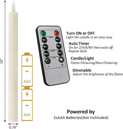 Sunjas 12PCS Flameless Taper Candles with 3D Flickering Flame Battery Operated Candles with 2 Remote with Button Cell Battery 10 Inch Ivory LED Candlesticks Window Candle for Christmas Home Decor