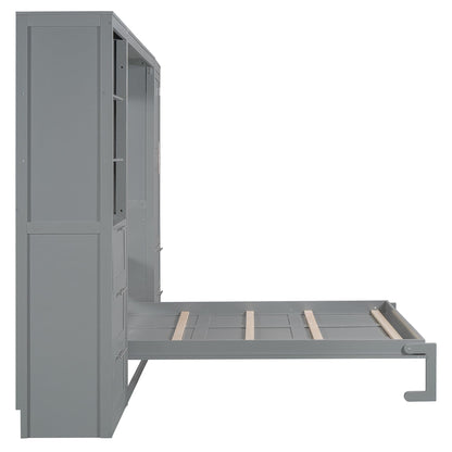 Merax Murphy Bed Queen Size, Built-in Shelves, Storage Drawers and Wardrobe, Wood Folding Wall Bedframe for Guest Room, Home Office, Grey