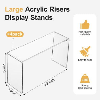 Aminigram 4 Pack Acrylic Risers Display Stands, Display Stands for Collectibles, Clear Acrylic Shelf for Show Decor Display, Toys, Cupcake (9.2 x 3 x 5 inches)