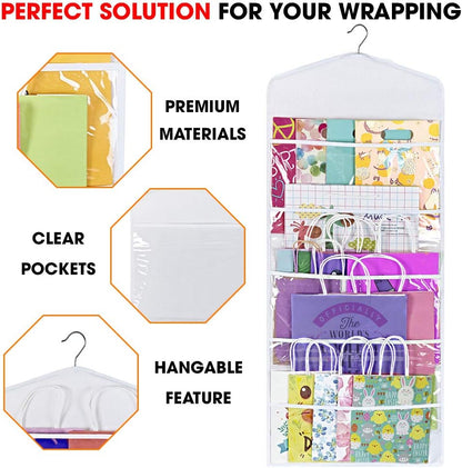 Primode Gift Bag Organizer - Double-Sided Hanging Storage with Multiple Pockets | 38 x 16 Inch (White)