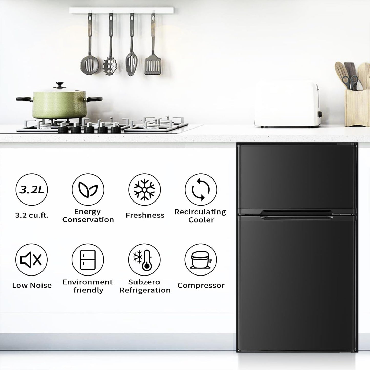 Antarctic Star Mini Compact Refrigerator, 3.2 Cu.Ft. Separate Freezer Double 2-Door Adjustable Removable Shelves for Apartment/Dorm/Office,BLACK