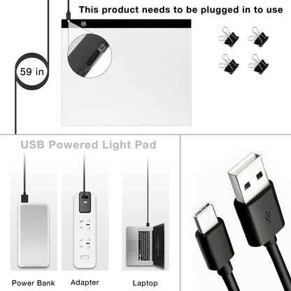 Funshot A3 Led Light Pad Tracing Light Box with USB Power Cable and 4 Fasten Clips,3 Levels of Brightness,Diamond Art Light Board,Sketching,Painting, Sketching,Tracing