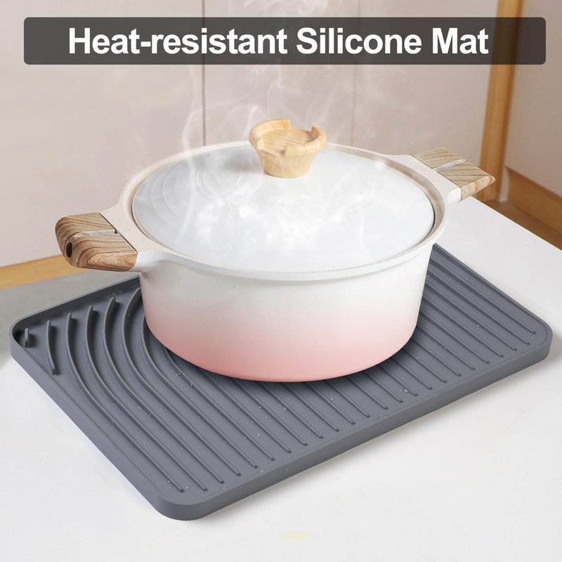 Dish Drying Mat for Kitchen Counter, with Built-in Drain Lip, Food-Grade Silicone, Easy Clean Pad for Countertop Protection, Multi-Functional Use (18 x12 Raised Sink, Grey)