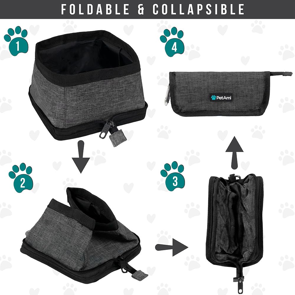 PetAmi Collapsible Dog Bowls 2 Pack, Food and Water Bowls Travel Set, Portable Pet Dish No Spill, Foldable Lightweight BPA Free Leakproof Bowls, Camping Hiking Walking Outdoor Gear Accessories, Black