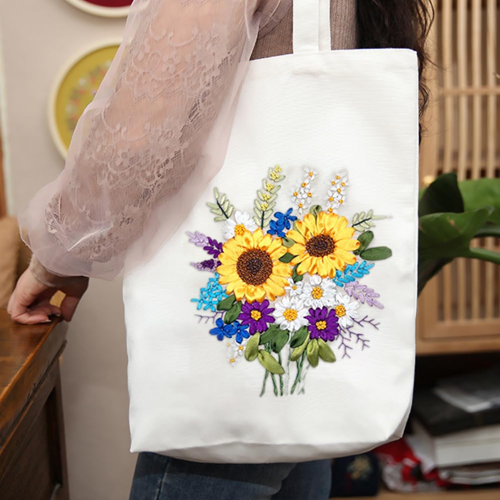 KABAKE Canvas Tote Bag Silk Ribbon Embroidery Kit, Embroidery Kits for Beginners, Arts and DIY Crafts Embroidery Starter kit, Include Stamped Embroidery Bag, Threads, Embroidery Tools
