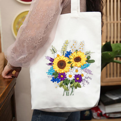 KABAKE Canvas Tote Bag Silk Ribbon Embroidery Kit, Embroidery Kits for Beginners, Arts and DIY Crafts Embroidery Starter kit, Include Stamped Embroidery Bag, Threads, Embroidery Tools
