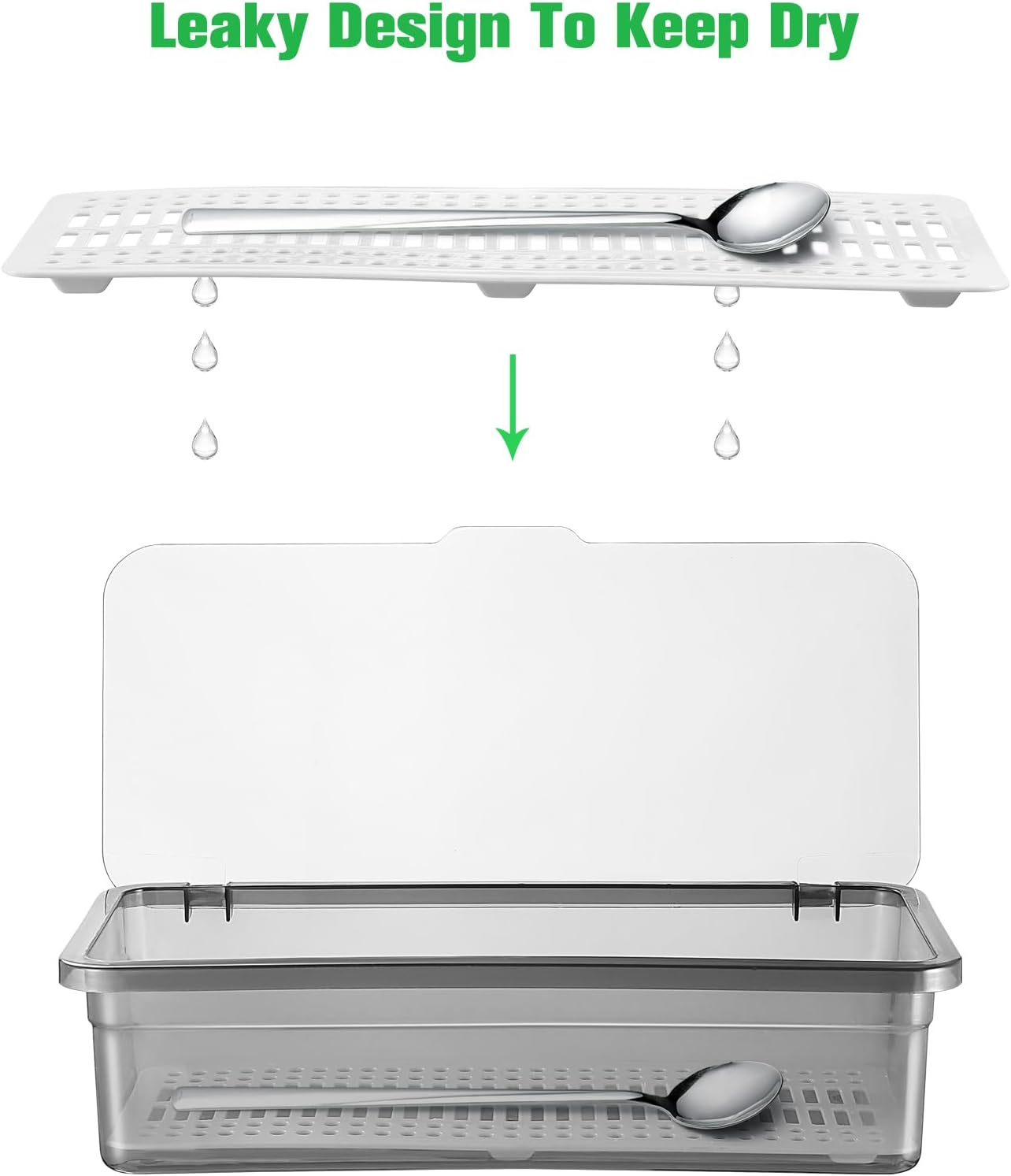 Flatware Tray Kitchen Drawer Organizer with Lid, Plastic Cutlery Tray and Utensil Storage Container with Cover,