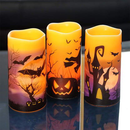 Wondise Halloween Flameless Flickering Candles with 6hrs Timer, Battery Operated Candles with Halloween Decals Real Wax LED Pillar Candles for Halloween Home Table Decor (3 x 6 Inches), Orange