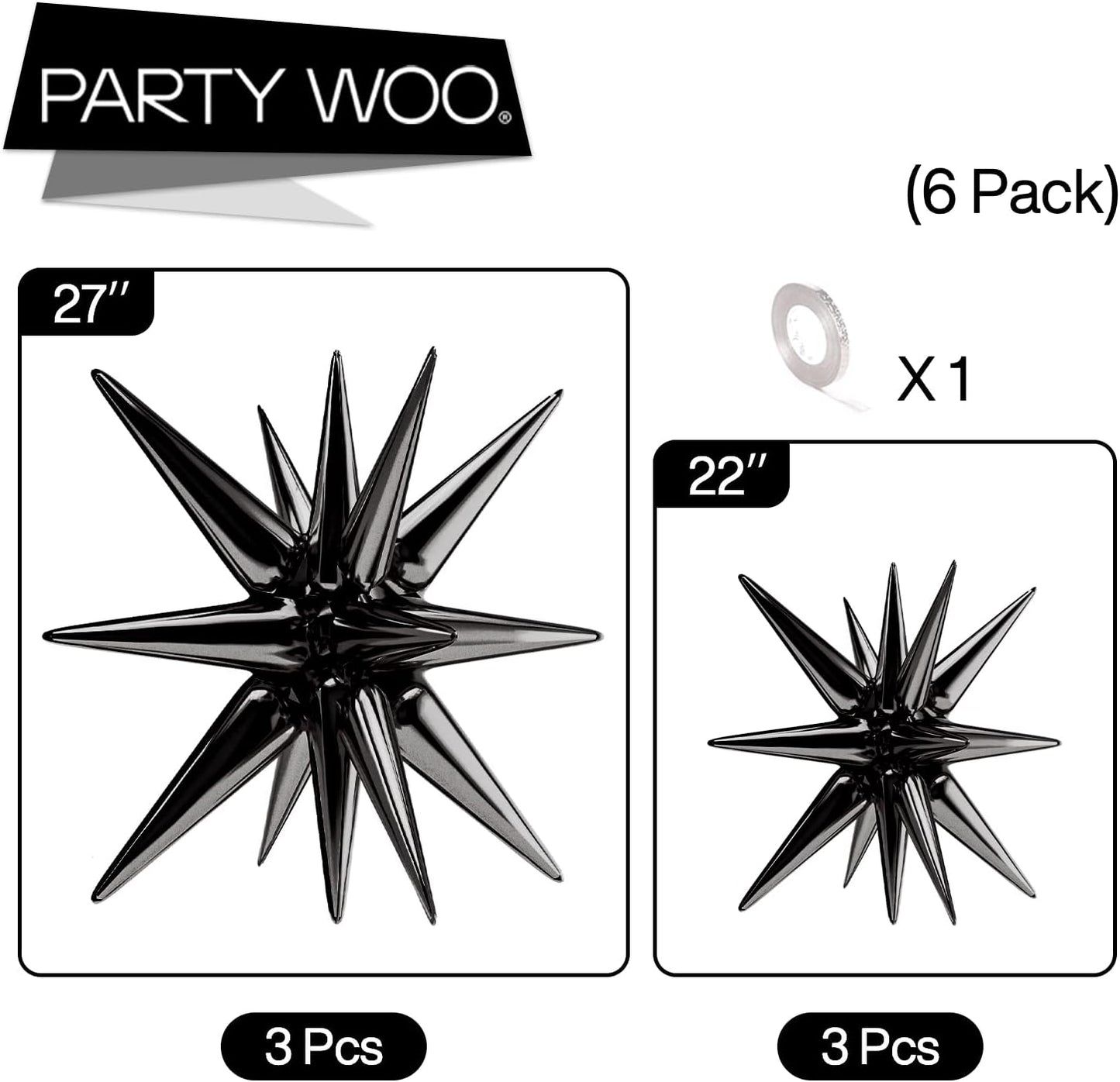 PartyWoo Black Star Foil Balloons - 6-Piece Set of 22-Inch Large Mylar Balloons for Space-Themed Celebrations