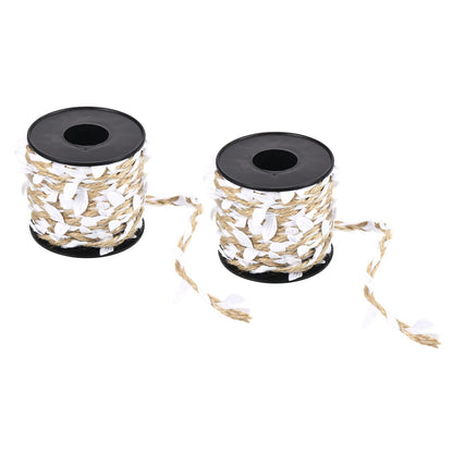 PATIKIL 33ft 5mm Burlap Leaf Ribbon, 2 Roll Braided Decoration Vine Natural Jute Rope Twine with Artificial Leaves for Jungle Wedding Party Home Garden Decor, White
