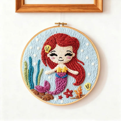 INFUNLY Mermaids Punch Needle Kit Round 8.7" DIY Embroidery Punch Needle Set for Adult Fairy Tales Punches Stitching Starter Kits with Easy to Follow Instruction Yarns Fabric Festival Gift Home Decor