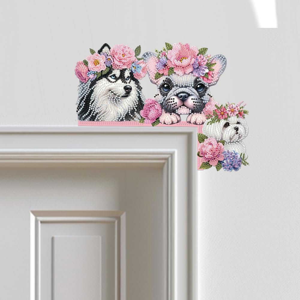 C'eitura Dog with Pink Flower Collar Diamond Painting on Wood, 5D DIY Custom Door Topper for Home Entryway Decor, Cute Animal Wall Art