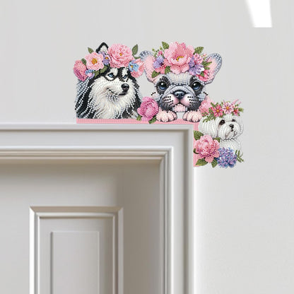 C'eitura Dog with Pink Flower Collar Diamond Painting on Wood, 5D DIY Custom Door Topper for Home Entryway Decor, Cute Animal Wall Art