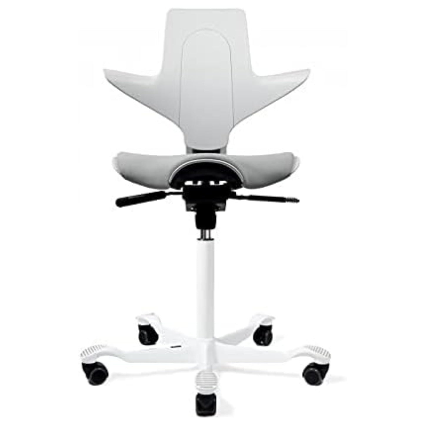 HAG Capisco Puls Adjustable Sit to Stand Desk Chair-White Frame-Blue Plastic-Blue Partial Cushion with Footring