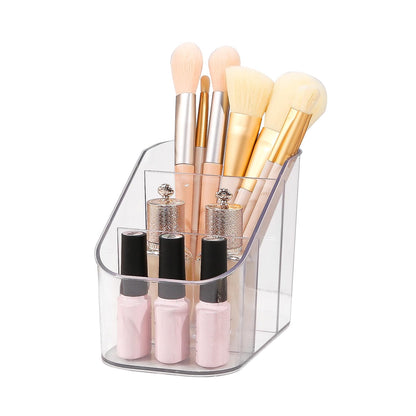 DASITON 3 Slots Makeup Brush Holder, Acrylic Make Up Brush Holder Organizer for Vanity, Bathroom Countertop, Small Makeup Organizer Brush Cup Cosmetic Brushes Storage, Pen Holder for Desk (Clear S)