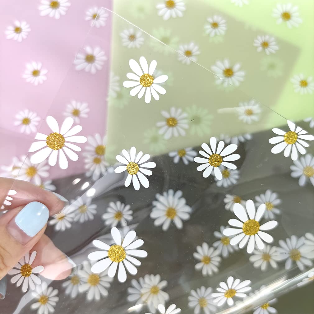 XHT 8 Pcs Daisy Jelly Vinyl, 21cmx30cm Waterproof Transluscent Glitter Flower Printed TPU Film for Pouches Keychains Jewelry Making