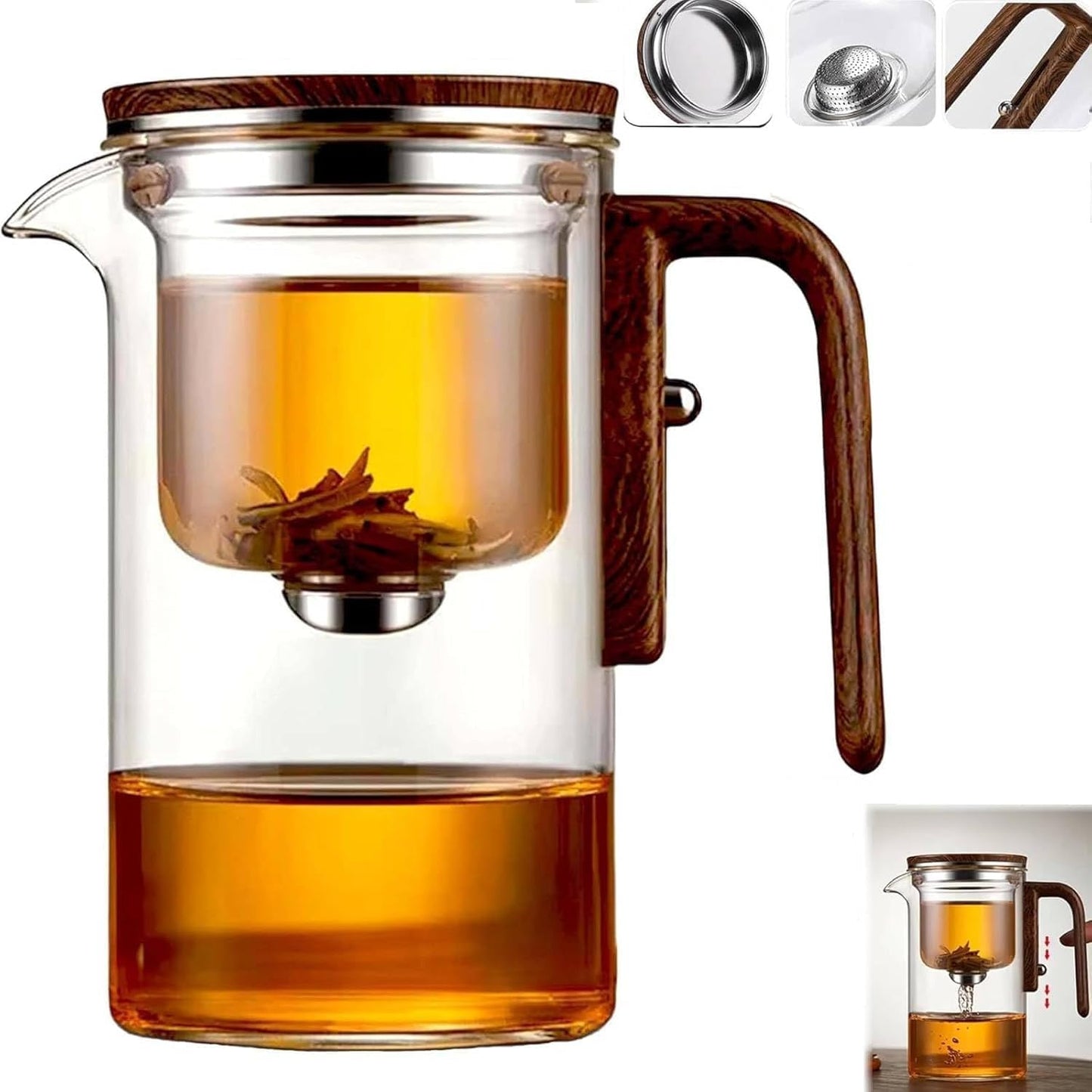 900ML Enchanti Magic Tea Pot, Water Separation Glass Teapot with Wooden Handle, Press Control Enchanti Tea Infuser