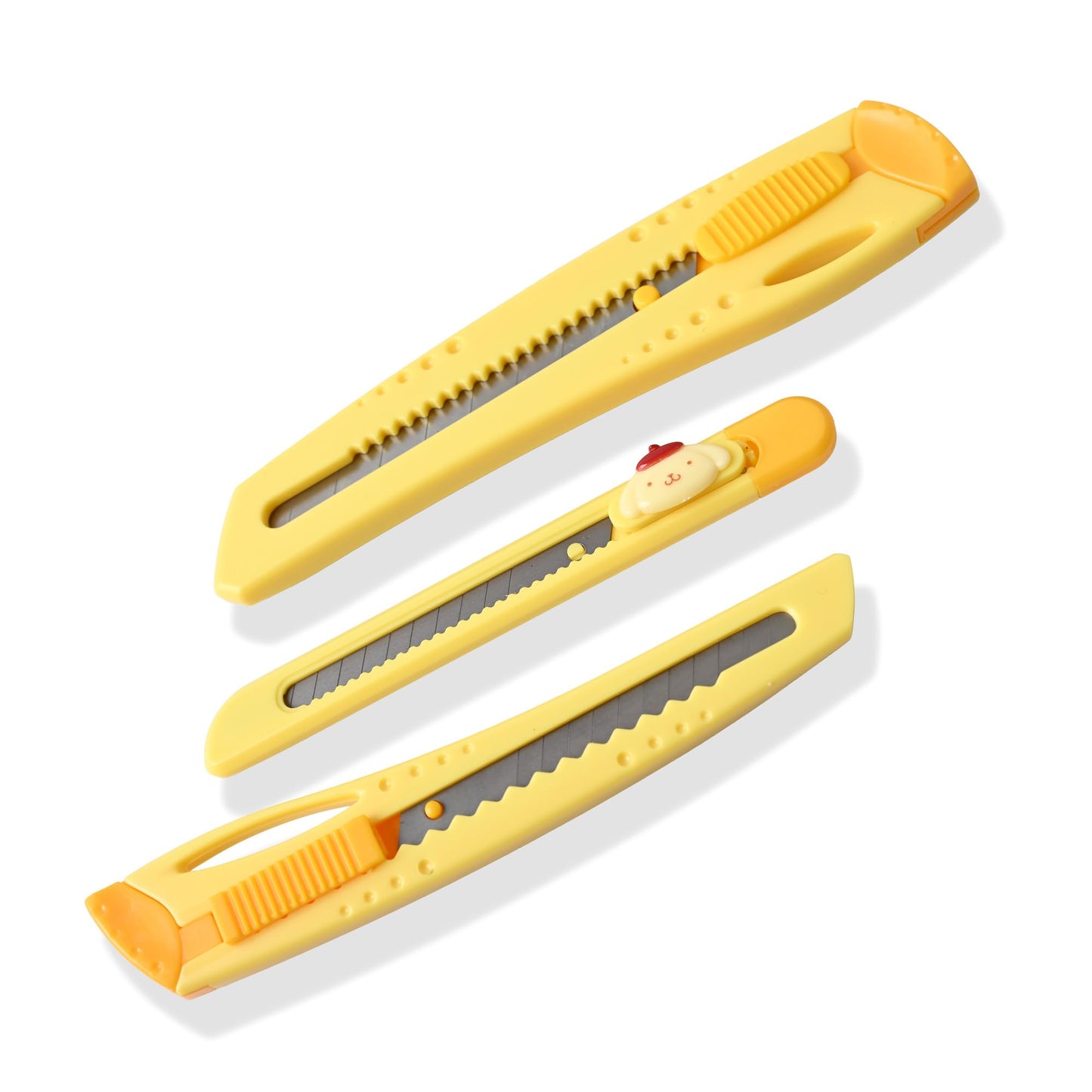 Cute Utility Knife Box Cutters Set - Retractable 3 Sizes Small/Medium/Large - Kawaii Design with Textured Grip - Multi-Purpose Cutter for Paper, Craft, Box Opener (Pompom-Puin)