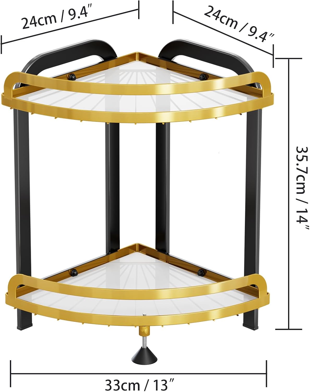 2 Countertop Counter 9''W 9''L 13.78''H Tier Bathroom Organizer XL Corner Shelf, Black Gold Bathroom Organizers, Large