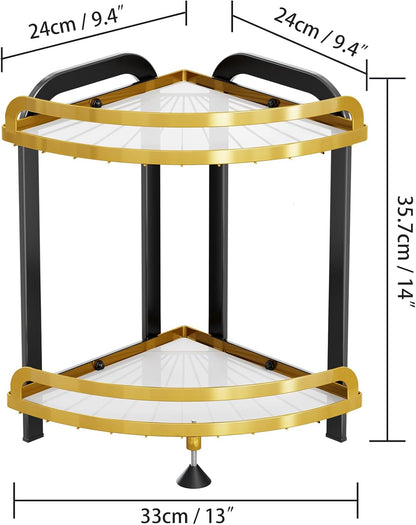 2 Countertop Counter 9''W 9''L 13.78''H Tier Bathroom Organizer XL Corner Shelf, Black Gold Bathroom Organizers, Large