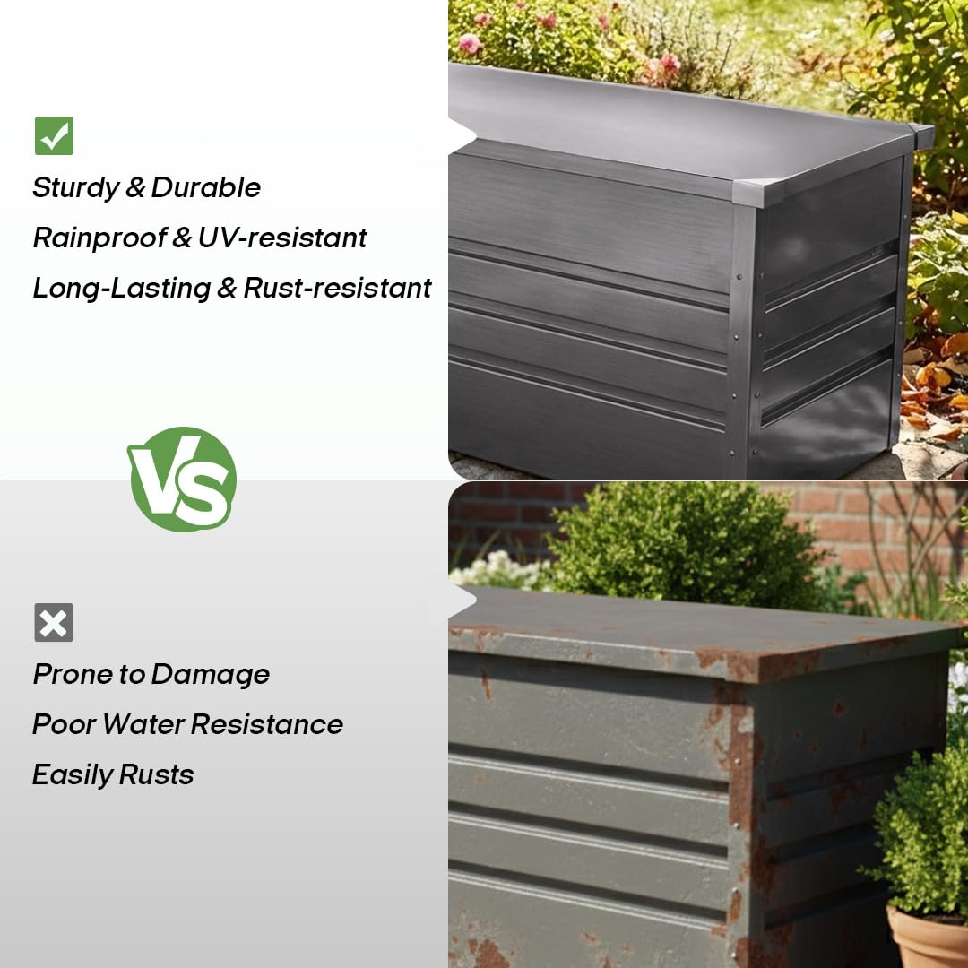 FammyLoft 260 Gallon Waterproof Outdoor Storage Box, Extra Large Outside Metal Deck Storage Box for Patio Cushions, Garden Tools, Pool Supplies, Light Gray