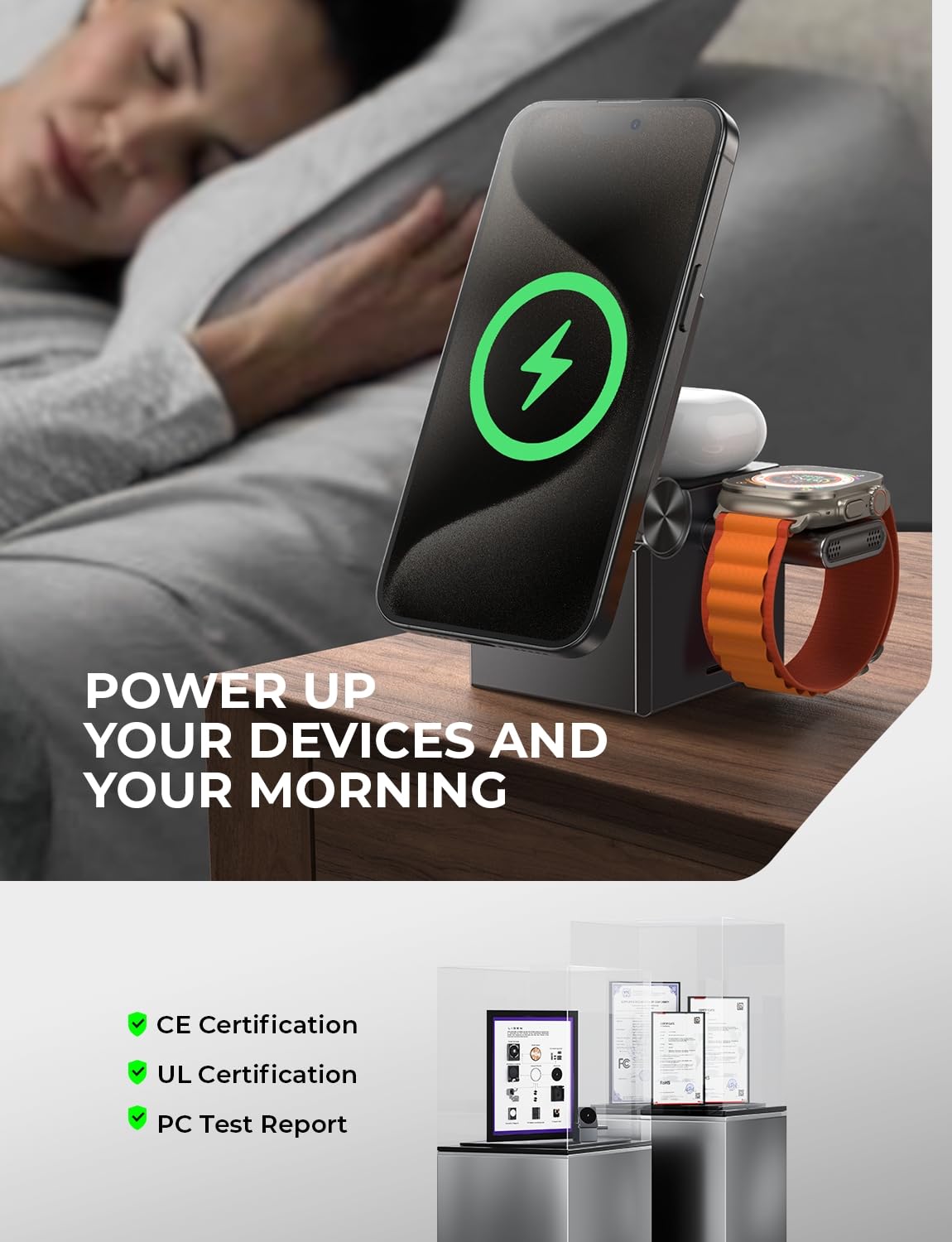 LISEN 3 in 1 Charging Station for Apple, iPhone Charging Cube Station Wireless for Magsafe Charger Stand Cube, Foldable for iPhone 17 16 16e 15 14 13 and Watch Gray